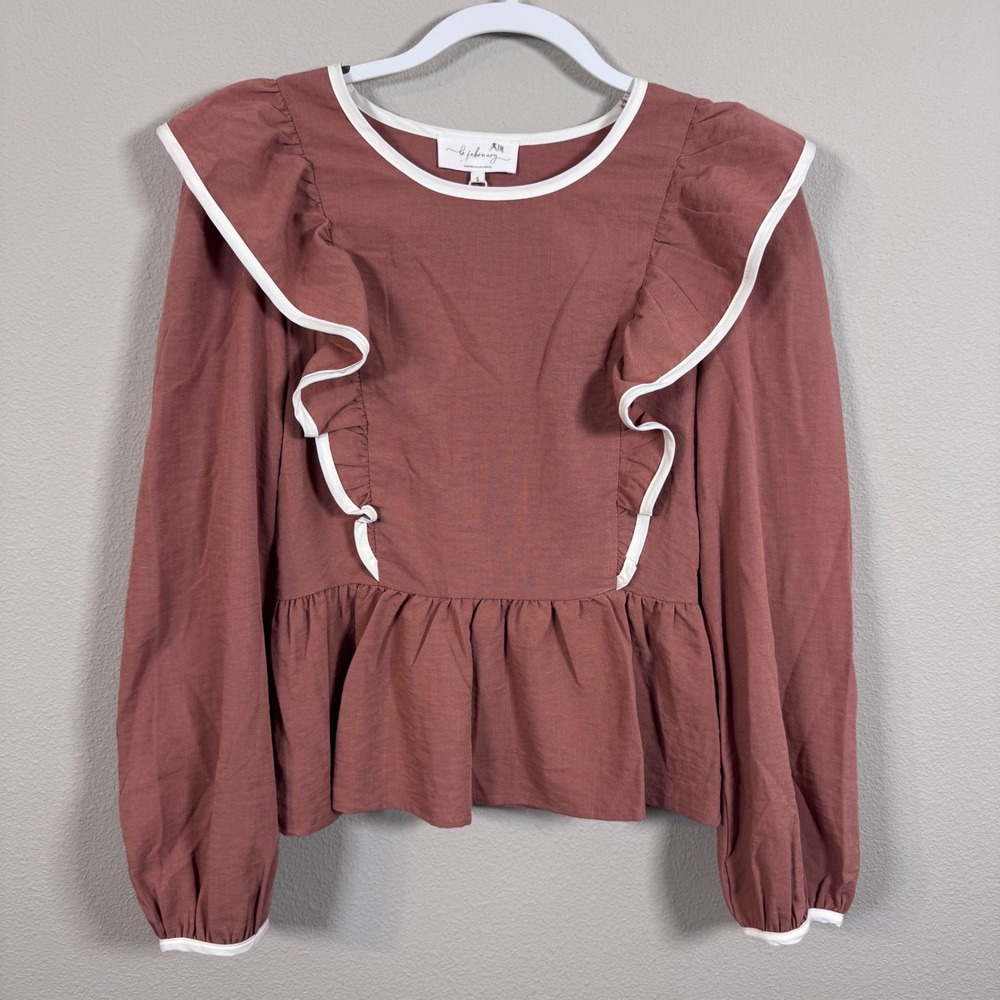 La February Ruffle Peplum Long Sleeve Blouse Top Cottagecore Coquette Small NEW